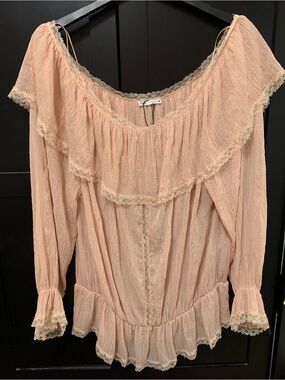 Zara XL Coquette girl Pink Ruffle Off-Shoulder Peasant Top lace frill flowy